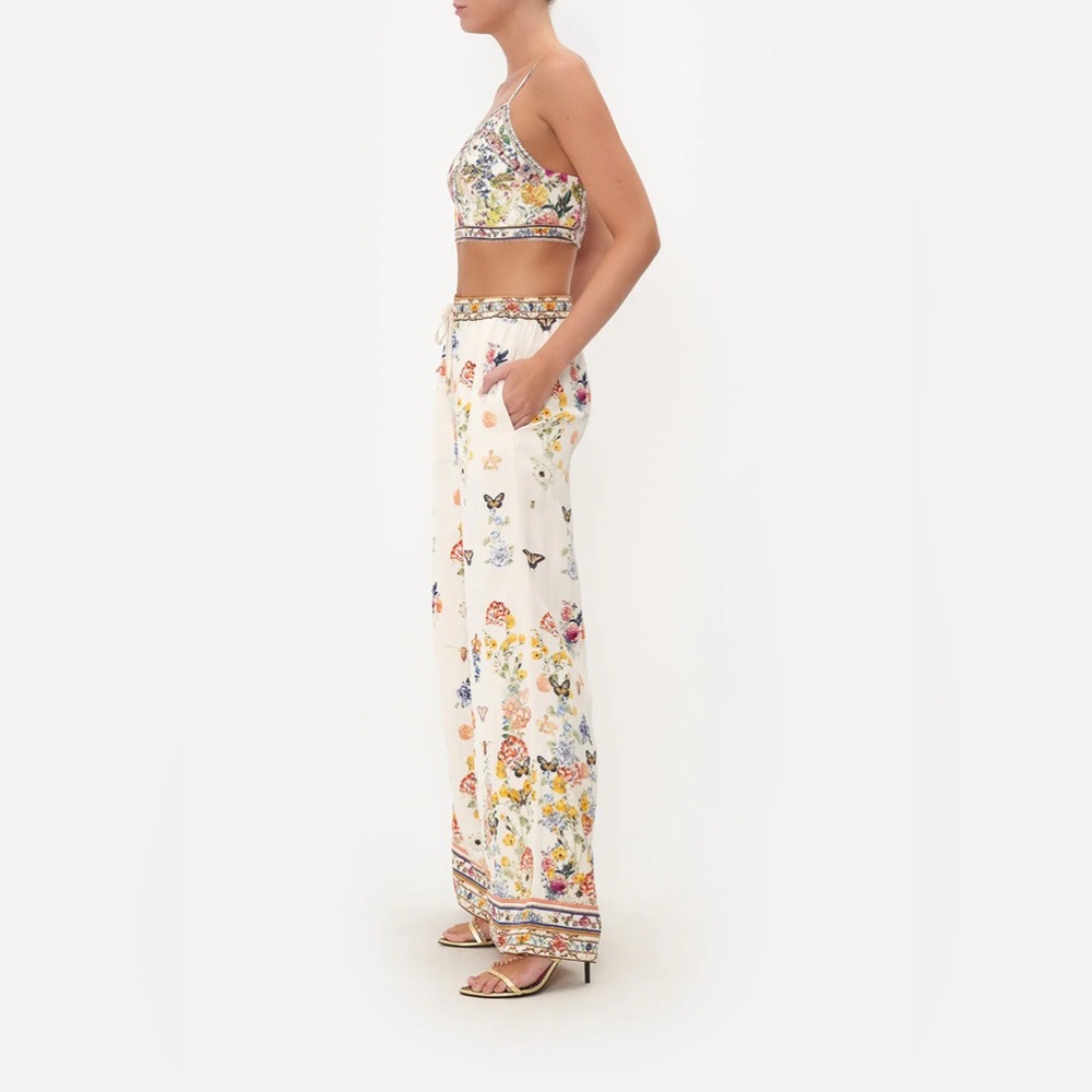 Camilla “Queens Bee Hive” Cream Linen Floral Print Wide-Leg Lounge Pants M - Picture 2 of 12